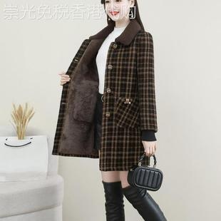 格子毛呢外套女显瘦2025冬季新款加绒加厚中长款妈妈时尚保暖大衣