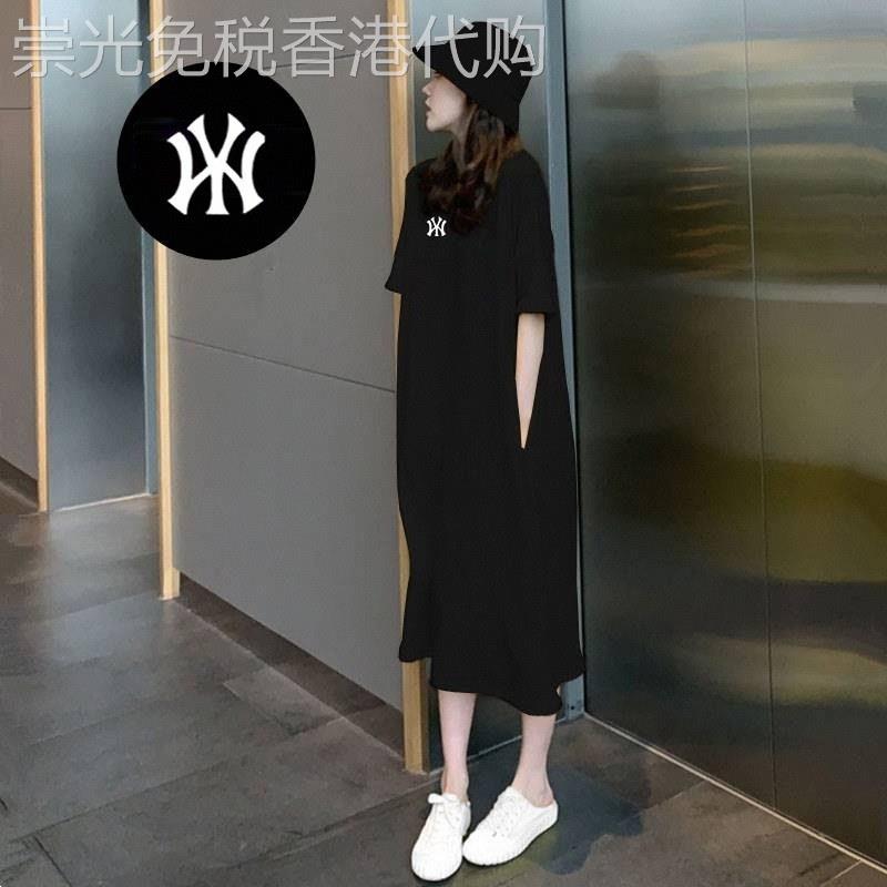 黑色大码连衣裙女夏欧货网红爆款直筒过膝长裙微胖休闲运动t恤裙