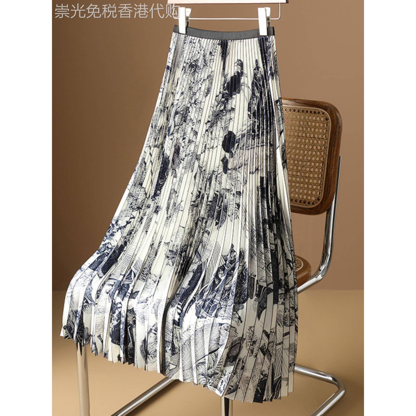 潮牌高级感印花水墨画半身裙女春秋季2025年新款花色垂感百褶长裙