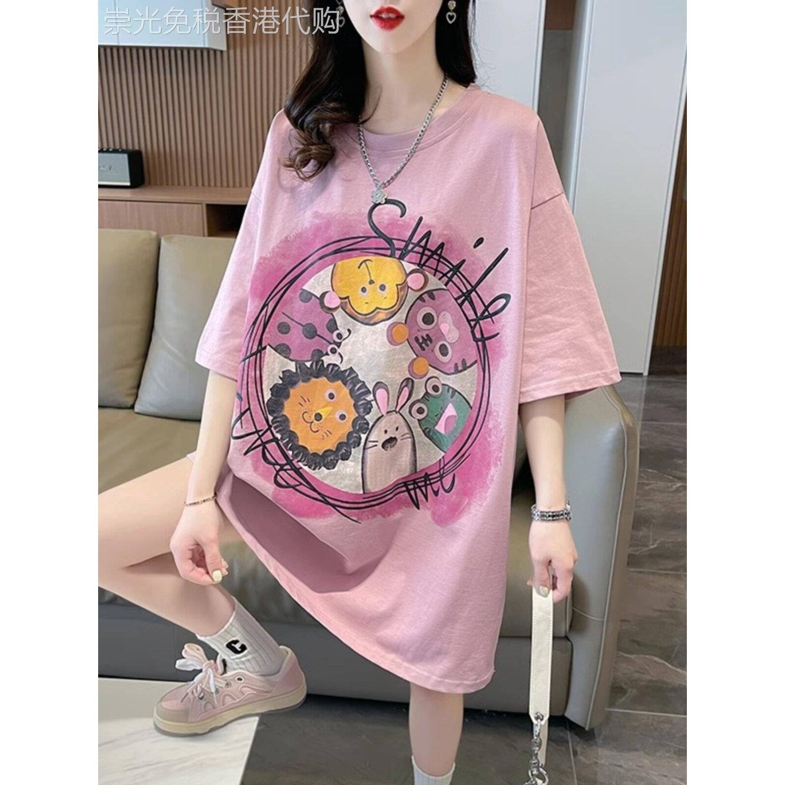 中长印花短袖t恤的妇女夏季2025新的加大码妇女年龄减少宽松的腹