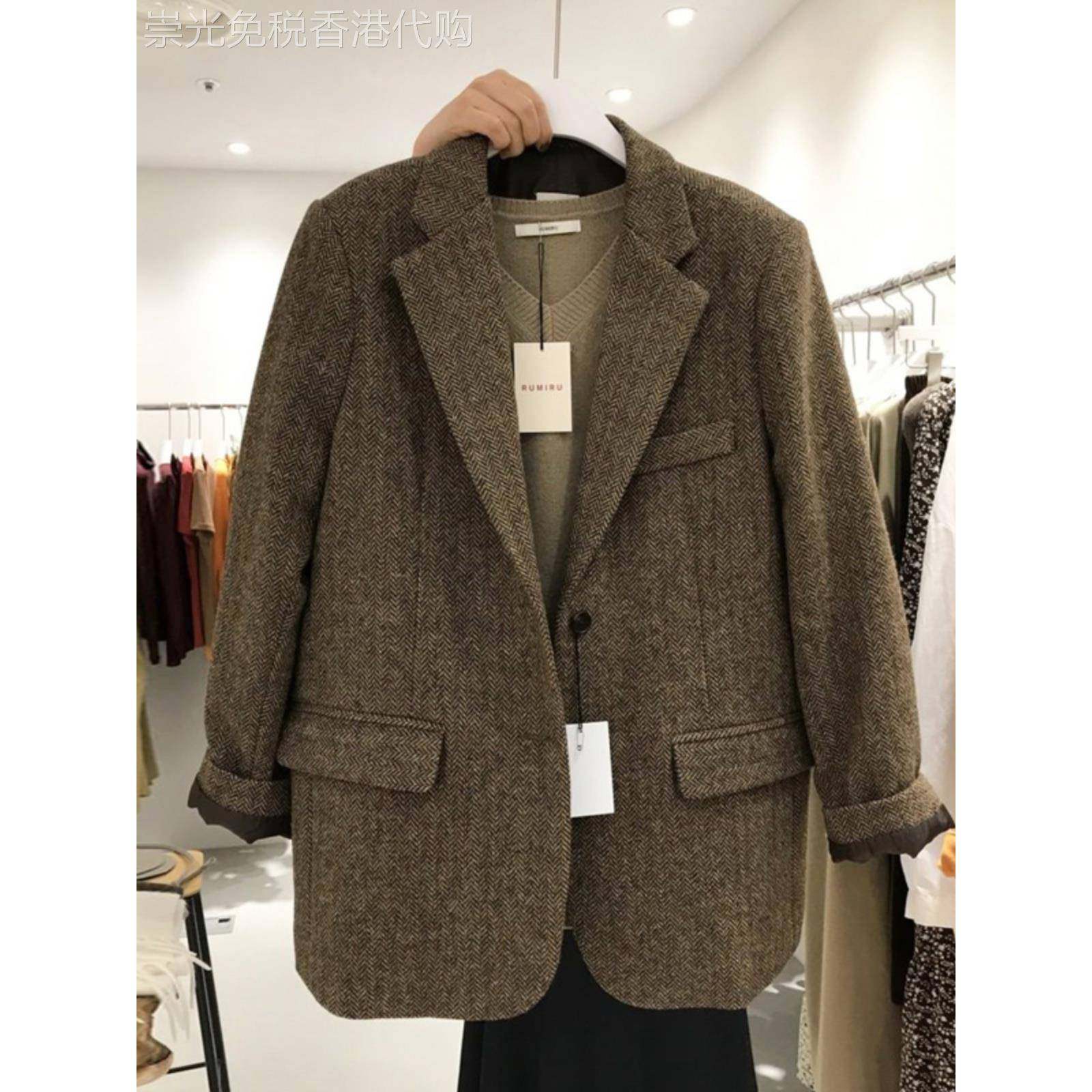 东大门秋冬新款覆古毛呢西装外套女宽松显瘦人字纹西服上衣女潮