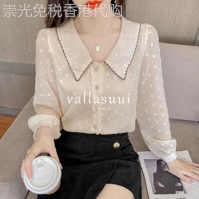 雪纺衬衫女夏季薄款2025新款洋派宽松甜美娃娃领长袖镂空衬衫上衣