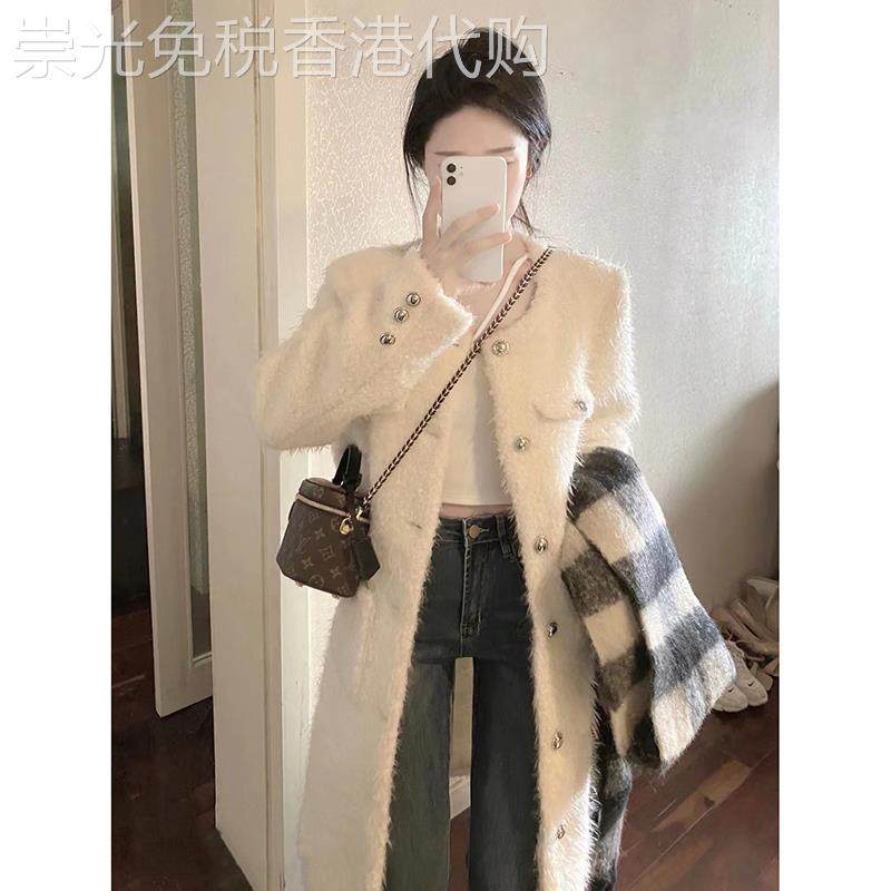 韩国2025冬新款仿羊羔毛小香风白色大衣毛毛皮草中长款西装外套女