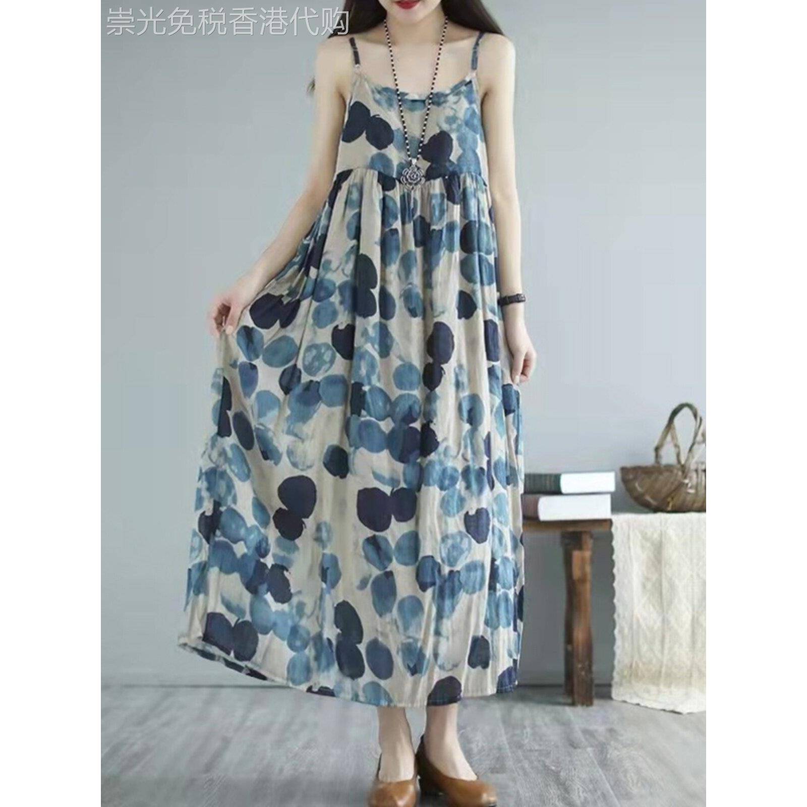 苎麻无袖连衣裙女夏文艺覆古大波点棉麻高端打底长裙子吊带背心裙