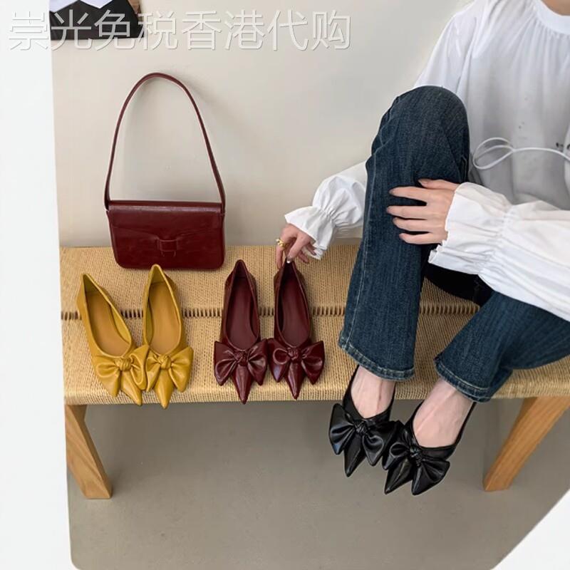 潮牌尖头单鞋女2026春季新款配裙子蝴蝶结浅口豆豆鞋红色平底鞋子