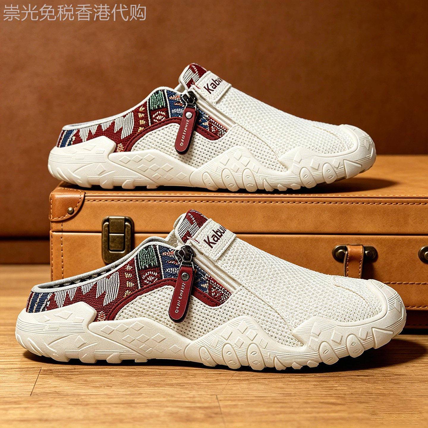 潮牌夏季透气外穿板鞋男士一脚蹬软底半拖鞋时尚民族风轻奢凉拖鞋