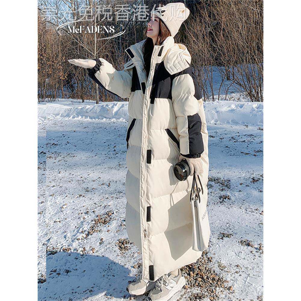 香港欧货黑白色工装白鸭绒女长款过膝新款宽松90%高端羽绒服外套