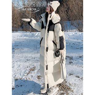 香港欧货黑白色工装白鸭绒女长款过膝新款宽松90%高端羽绒服外套