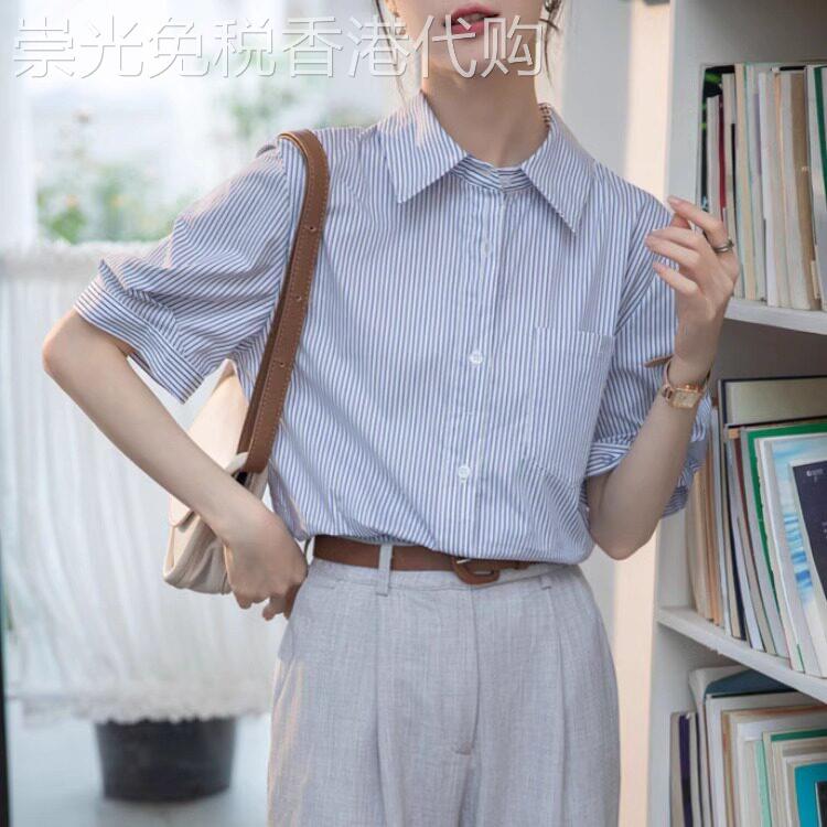 短袖衬衫女2026新款夏季翻领条纹衬衫高级感轻奢减龄洋派蓝色上衣