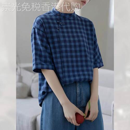 小众国风格子斜襟盘扣短袖衬衫女夏季2026年新款复古上衣漂亮小衫