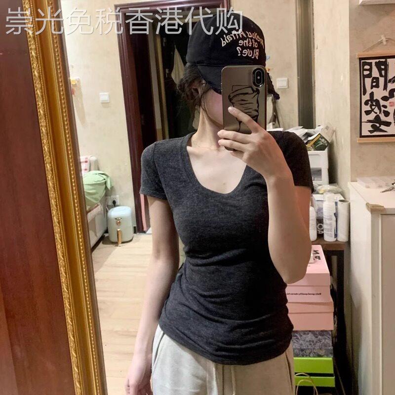 正肩灰色短袖t恤女夏季2026新款设计感修身显瘦小个子短款u领上衣