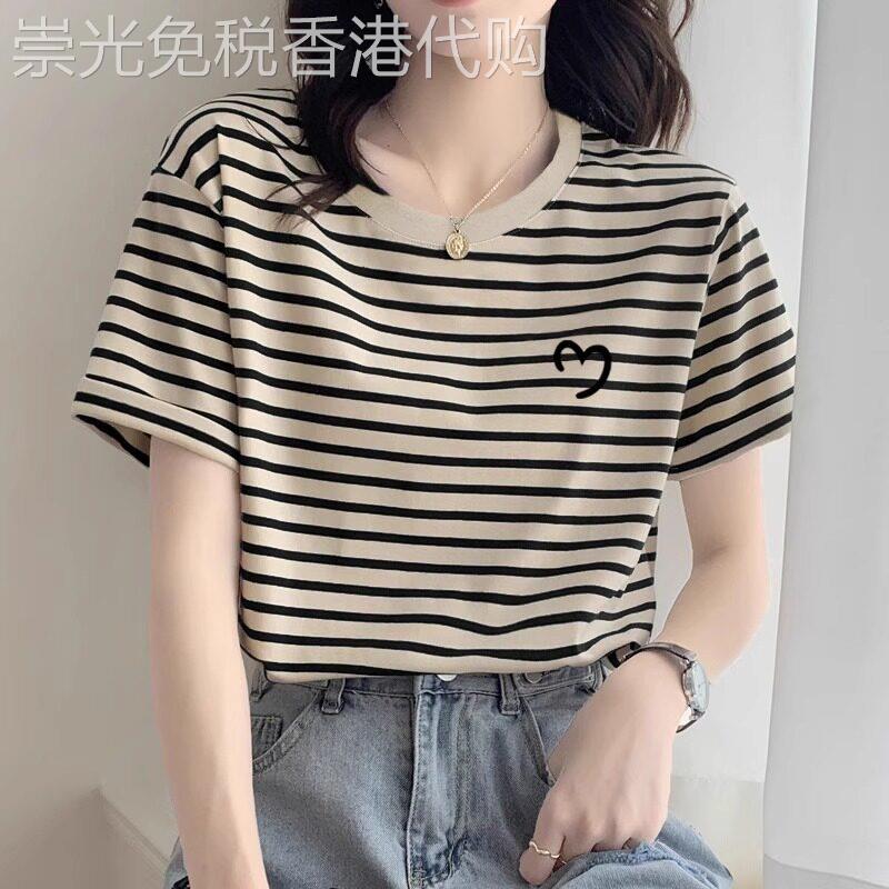 小众设计感条纹正肩纯棉圆领短袖t恤女时尚洋气上衣打底衫夏季潮