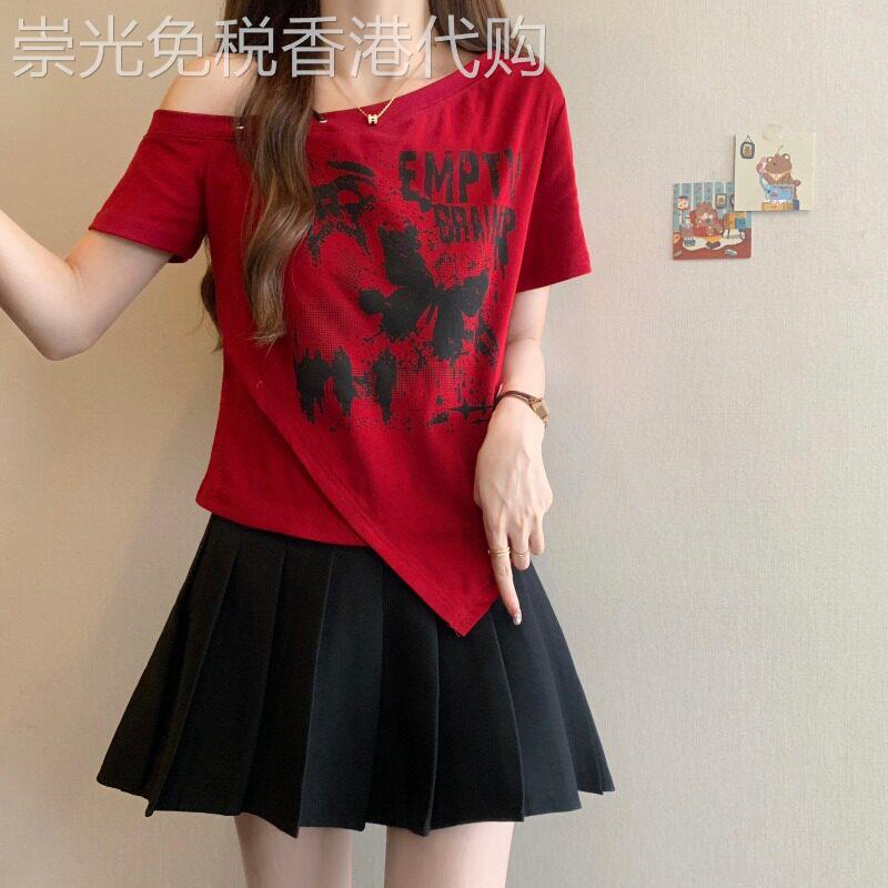 短袖t恤女夏季薄款2026新款大尺码胖mm显瘦不规则露肩半袖T恤上衣
