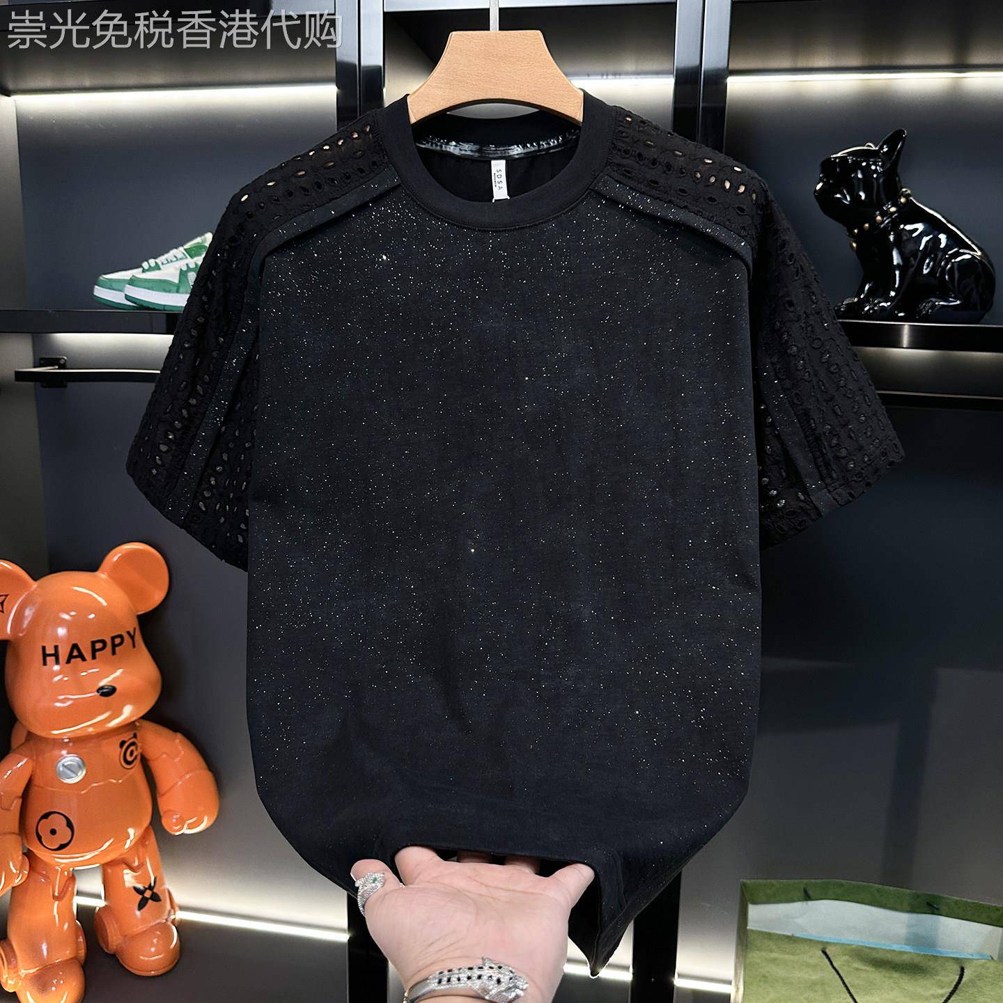 潮牌满天星拼接镂空设计上衣男士夏季美式高级感新款时尚透气短袖