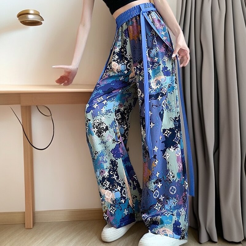 港味飘带印花阔腿裤女夏季新款高休闲裤