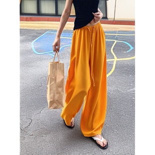 2026夏季新款通勤风垂感小众高级简约橘黄色条纹阔腿运动裤女