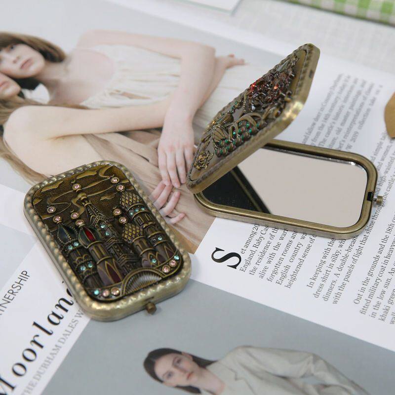 俄罗斯长方形双面金属镜创意折叠便携随身镜迷你复古实心化妆镜子