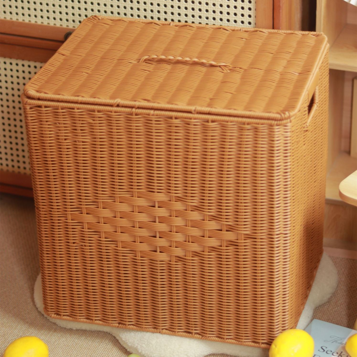 仿藤收纳藤编家用衣服玩具整理篮家居方形带盖零食藤编收纳筐