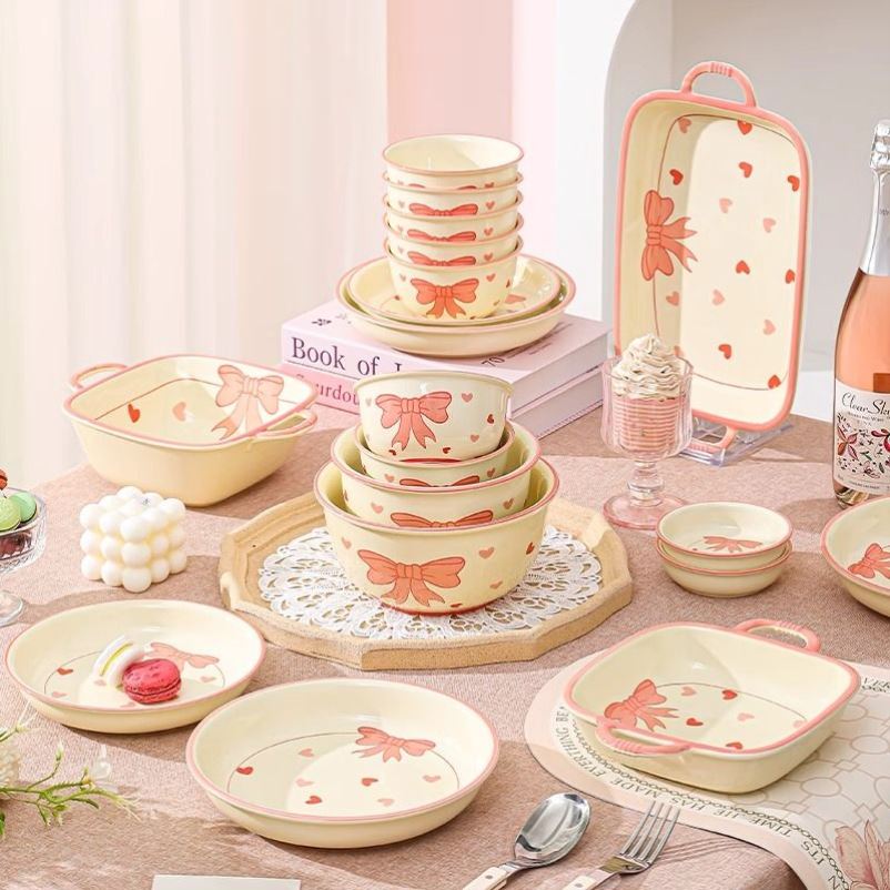 高颜值蝴蝶结网红碗盘套装可爱陶瓷家用餐具套装饭碗汤碗盘子组合