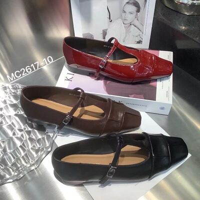 法式真皮粗跟方头玛丽珍丁字扣鞋