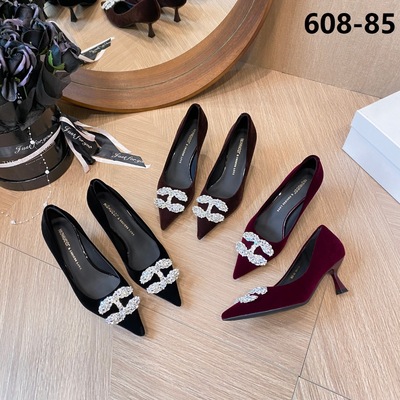 早春水钻丝绒法式细跟高跟单鞋