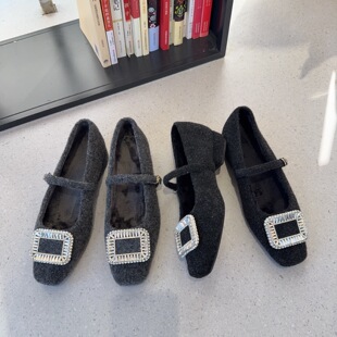 小香风方头玛丽珍鞋女2025冬季加绒钻扣一字带保暖毛毛鞋粗跟单鞋