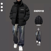 男潮牌保暖棉袄面包服外套加厚休闲搭配牛仔裤 冬季 棉服套装 两件套
