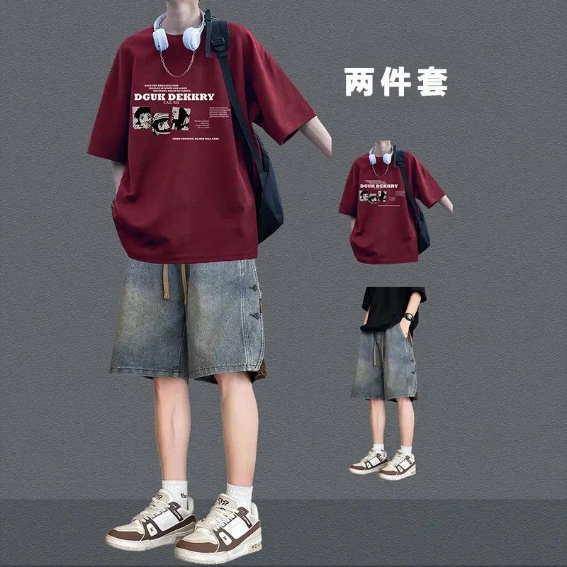 美式高街t恤男夏季2026新款短袖短裤套装潮牌男装一整套时髦搭配