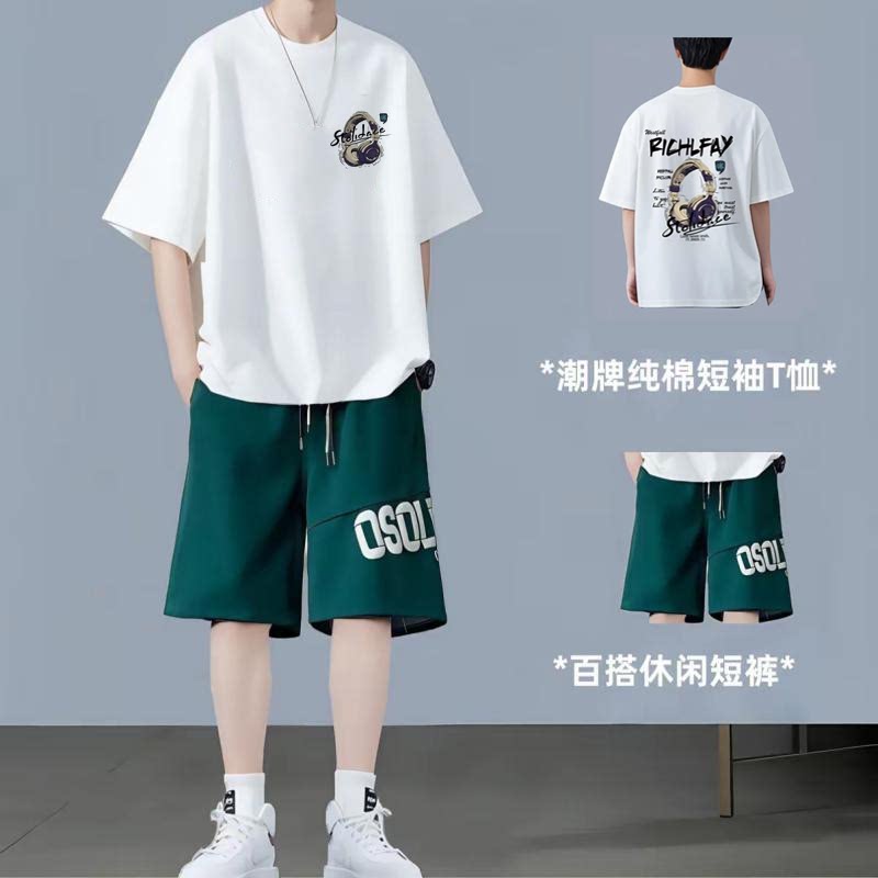 纯棉短袖T恤套装男2026夏季薄款青少年卡通印花休闲短裤男士夏装