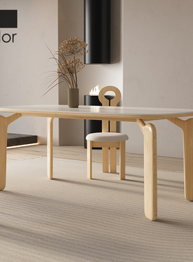 artcolor/复古实木餐桌长方形现代简约家用大象腿奶油风岩板餐桌