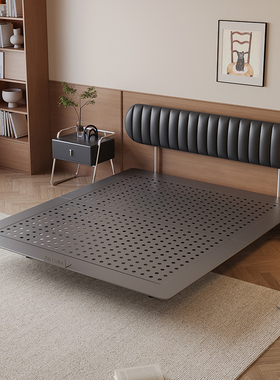 Art Color超薄靠背床头中古风悬浮床黑色真皮床复古法式小户型床