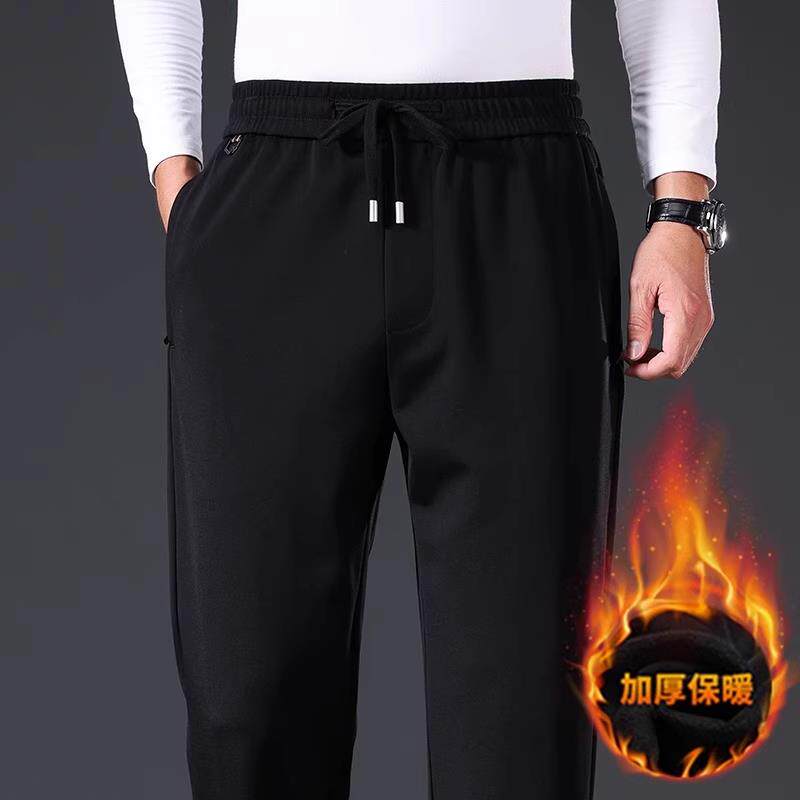 香港高端黑色加绒休闲裤男士秋冬款宽松直筒中年爸爸松紧腰运动裤