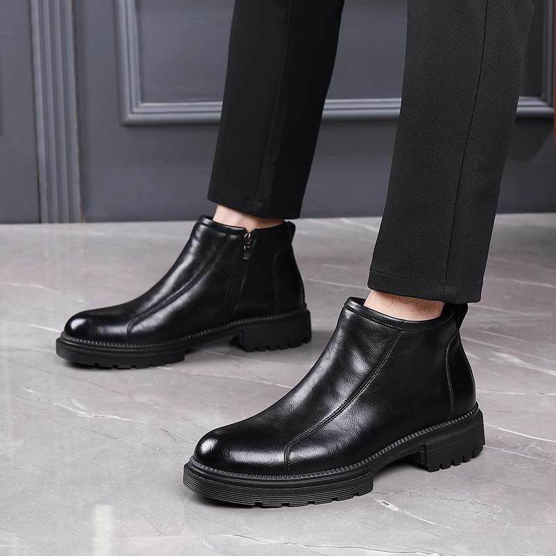 切尔西靴男英伦风潮流休闲尖头真皮短靴男加绒厚底防滑高帮马丁靴