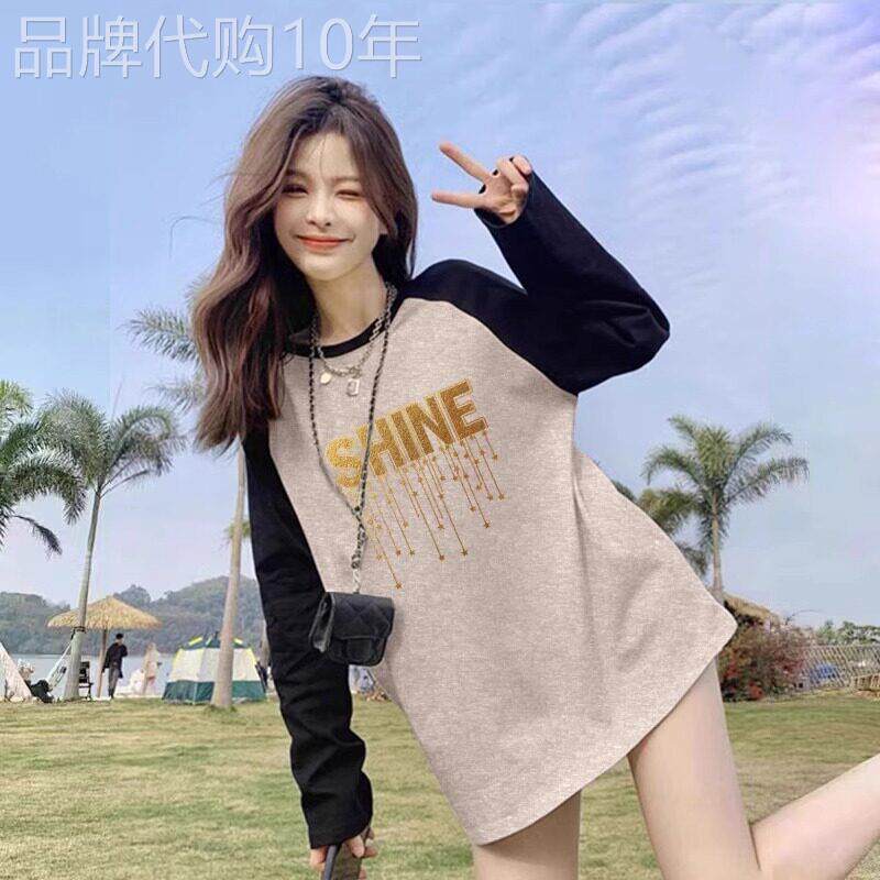 纯棉撞色插肩长袖T恤女春季美式宽松大尺码加绒圆领印花打底衫上