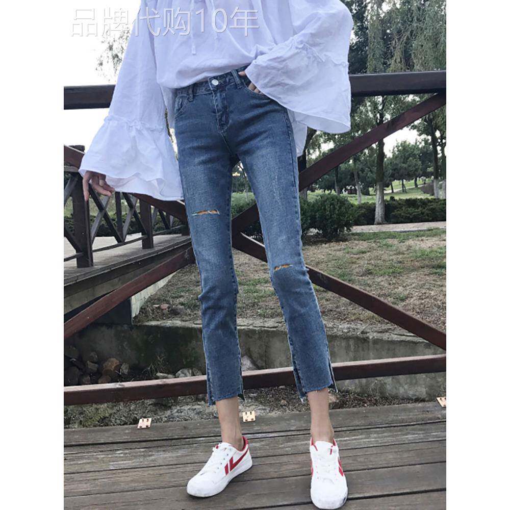高腰牛仔裤女小个子夏季2025新款韩版时尚修身显瘦小脚破洞烟管裤
