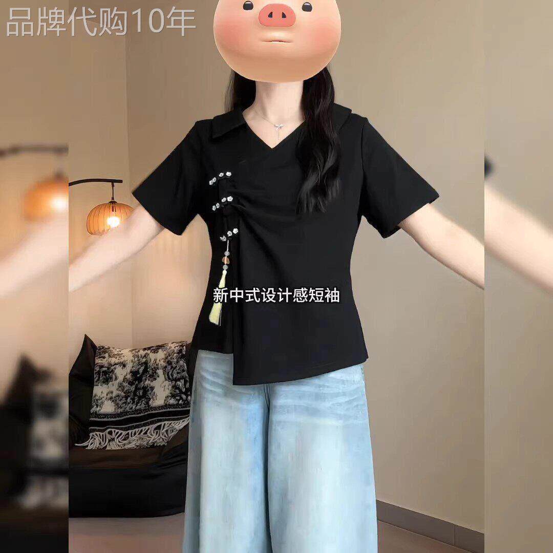 黑色新中式盘扣正肩短袖t恤女夏季欧货大尺码胖mm遮肉显瘦国风上