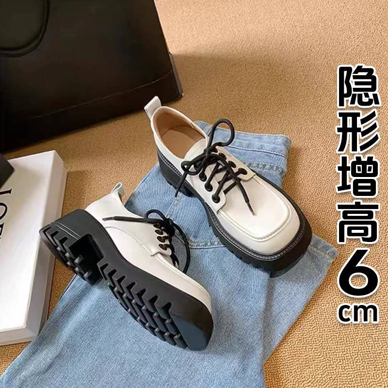 香港英伦风小皮鞋女厚底2025春秋真皮松糕单鞋系带方头粗跟乐福鞋