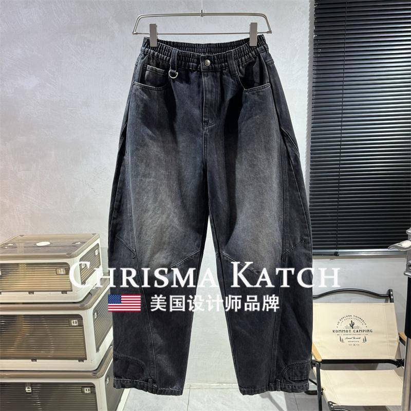 出口美国Chrisma Katch~痞帅阔腿牛仔宽松直筒拖地裤弯刀长裤子