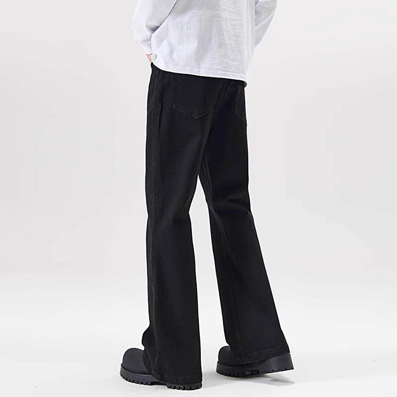 潮牌新款黑色微喇牛仔裤男美式高街弯刀宽松休闲cleanfit直筒裤子