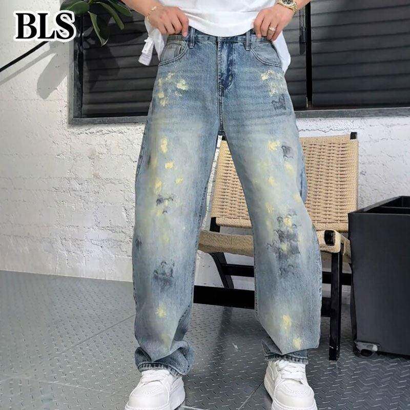 高端泼墨水洗牛仔裤男款夏季薄款2026新款直筒阔腿男士弯刀休闲裤
