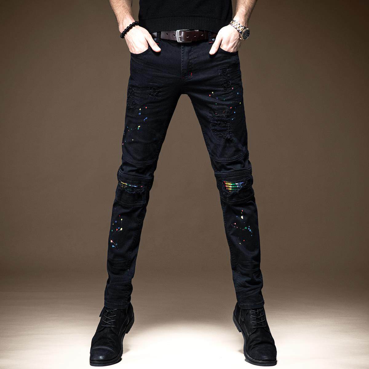高端夏季新款破洞补丁牛仔裤男潮牌嘻哈泼墨修身小脚男士潮流裤子
