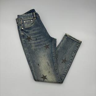 欧洲站高端星星印花牛仔裤男款欧货潮流弹力休闲复古修身小脚裤子