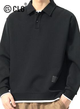 香港CLG潮牌重磅polo领卫衣春秋宽松假两件日系翻领黑色套头上衣