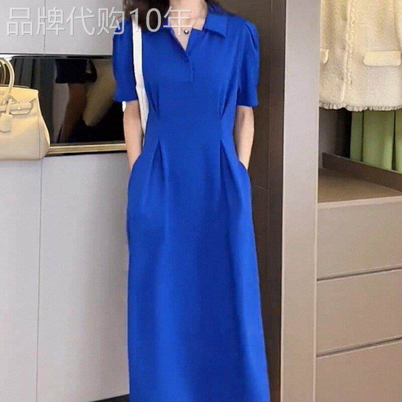 克莱因蓝连衣裙女夏季深圳欧货高级感收腰裙子过膝小香风polo长裙
