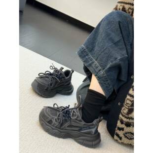 香港真皮覆古厚底增高老爹鞋加绒女2025春秋百搭双鞋带休闲运动鞋