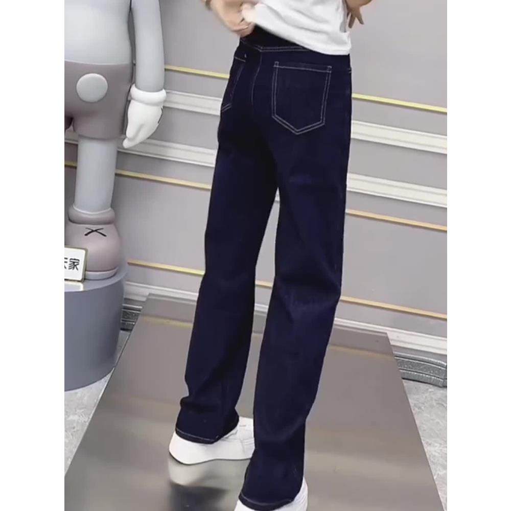 深蓝色直筒牛仔裤女2025新款欧货爆款显瘦高腰宽松阔腿裤女款