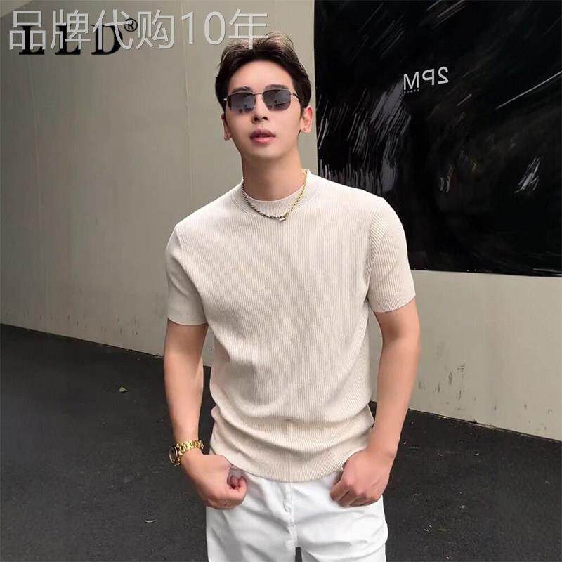高端老钱风正肩短袖T恤男士夏季2026年新款冰丝修身显瘦针织上衣