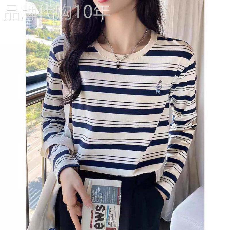正肩长袖t恤上衣服女欧货夏季新款高级感修身显瘦内搭条纹打底衫