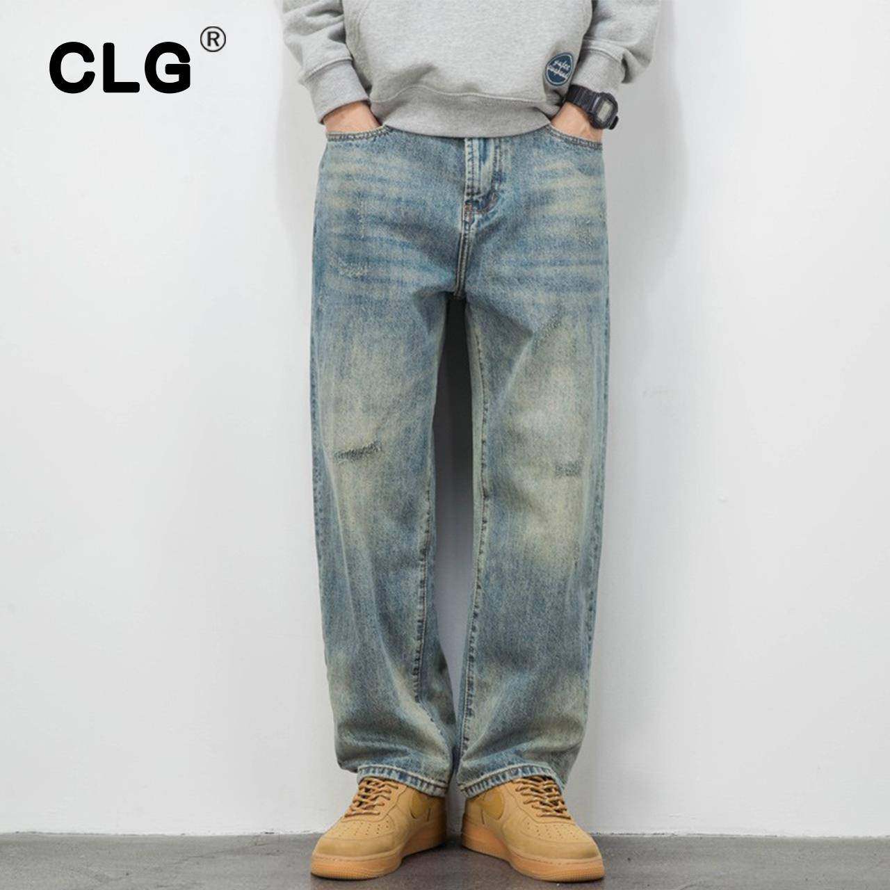 香港潮牌裤子男阔腿直筒浅色秋冬复古牛仔裤宽松大码休闲加绒加厚