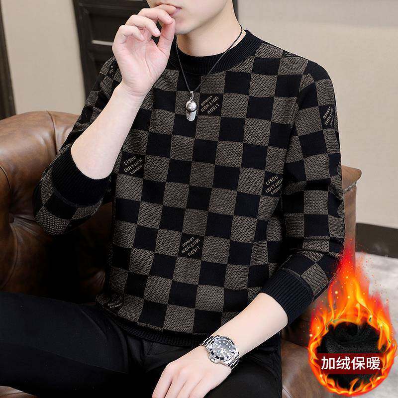 男士圆领卫衣秋冬打底一体绒高端休闲百搭套头格子t恤衫保暖上衣